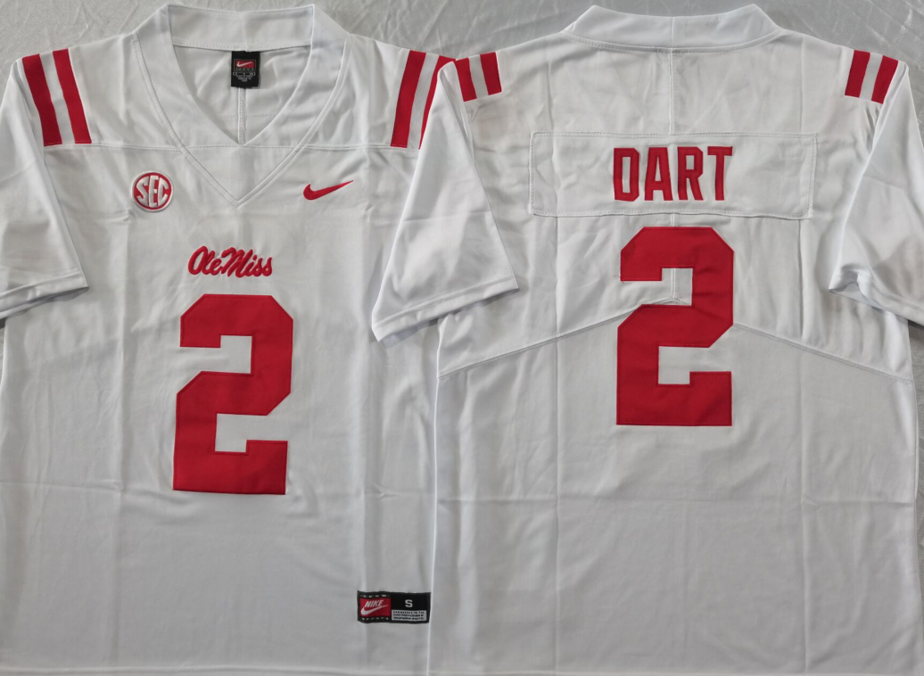 Men's Ole Miss Rebels Jaxson Dart #2 White Game Jersey sports jersey product view 1