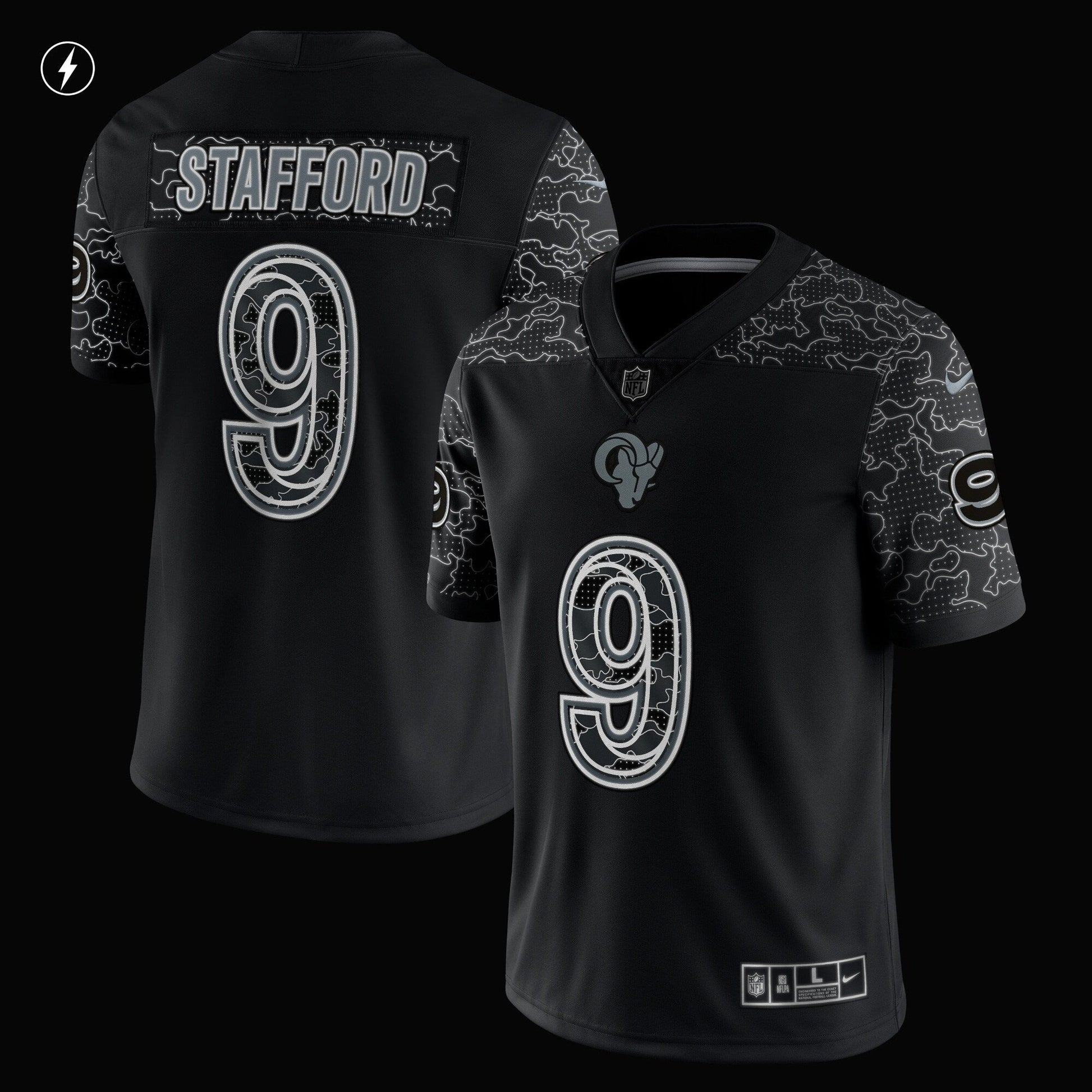 Matthew Stafford Los Angeles Rams RFLCTV Limited Jersey - Black football jersey product view 2