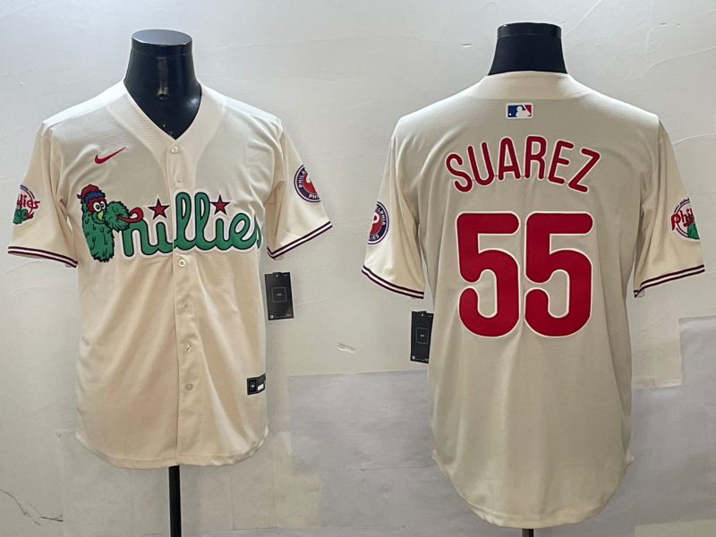 Men's Philadelphia Phillies Ranger Suarez #55 Cream Replica Player Jersey baseball jersey product view 1