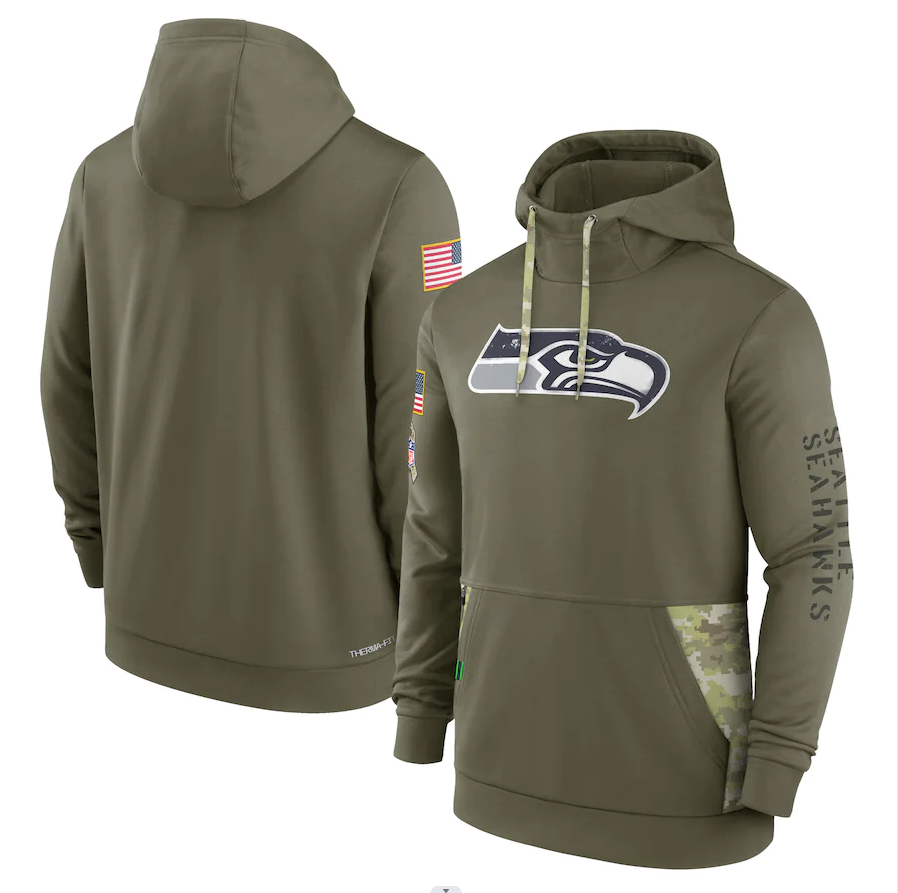 Men's Seattle Seahawks Olive 2022 Salute to Service Therma Performance Pullover Hoodie football jersey product view 1