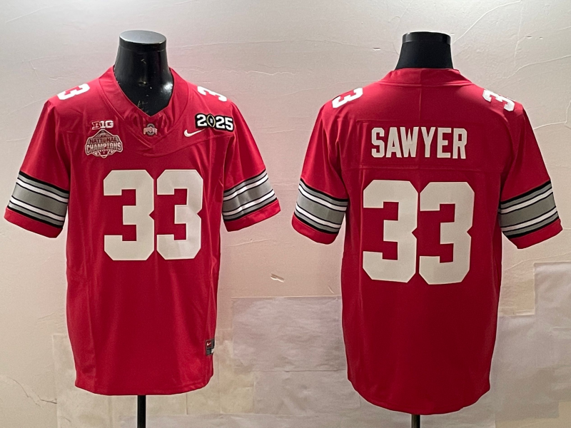 Men's Ohio State Buckeyes Jack Sawyer #33 Red 2025 CFP Final National Champions Patch F.U.S.E. Jersey sports jersey product view 1
