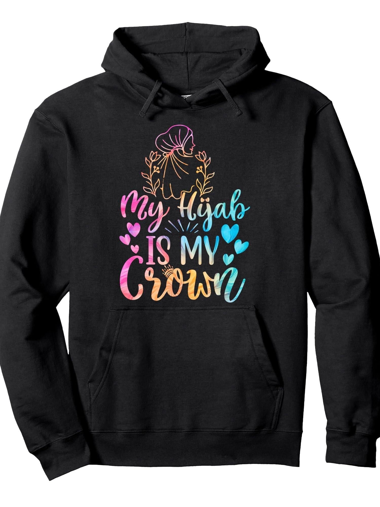 My Hijab is my Crown - Motivational Muslim Women Girls Quote Pullover Hoodie Ramadan Black 250gsm Cotton Long Sleeve Men Casual Hoodie sports jersey product view 1