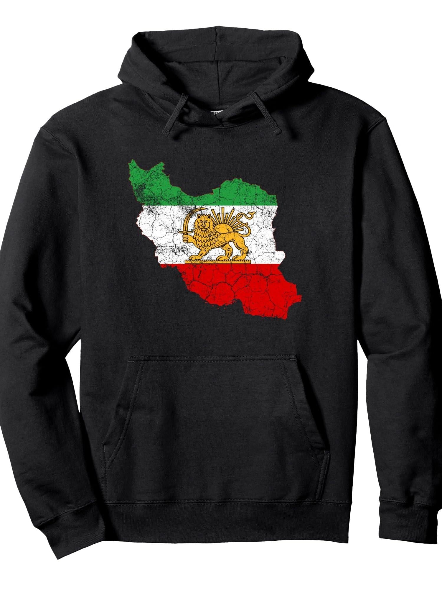 Iran Map with Lion and Sun Emblem, Vintage Persian Heritage Pullover Hoodie Ramadan Black 250gsm Cotton Long Sleeve Men Casual Hoodie sports jersey product view 1