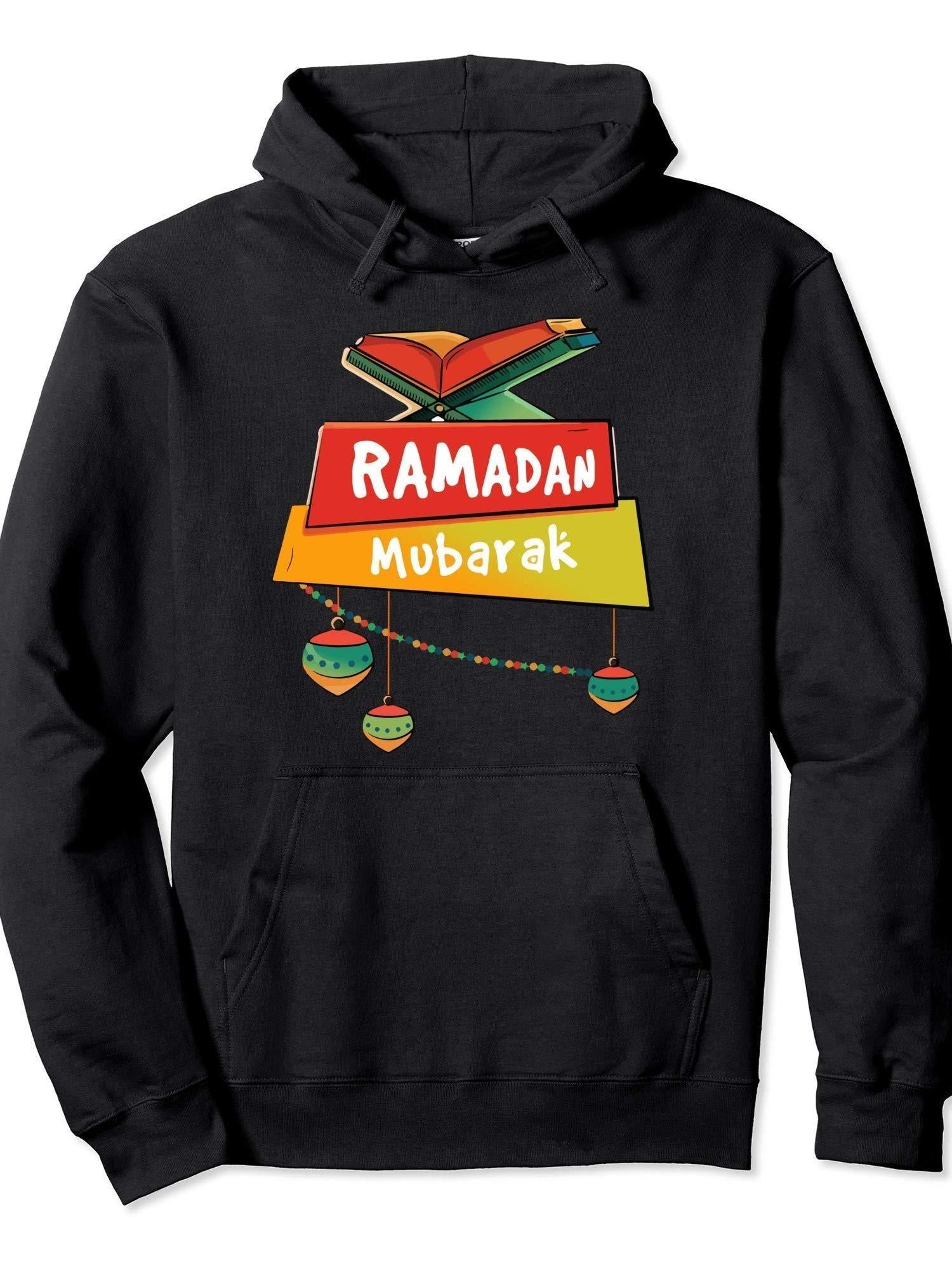 Happy Ramadan Mubarak Calligraphy With Fanous Lights Pullover Hoodie Ramadan Black 250gsm Cotton Long Sleeve Men Casual Hoodie sports jersey product view 1