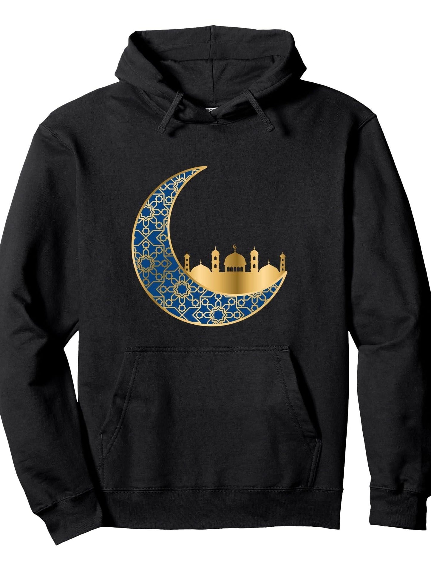 Gold Islamic Moon Ramadan Vector. Eid Mubarak Arabic Ramadan Pullover Hoodie Ramadan Black 250gsm Cotton Long Sleeve Men Casual Hoodie sports jersey product view 1