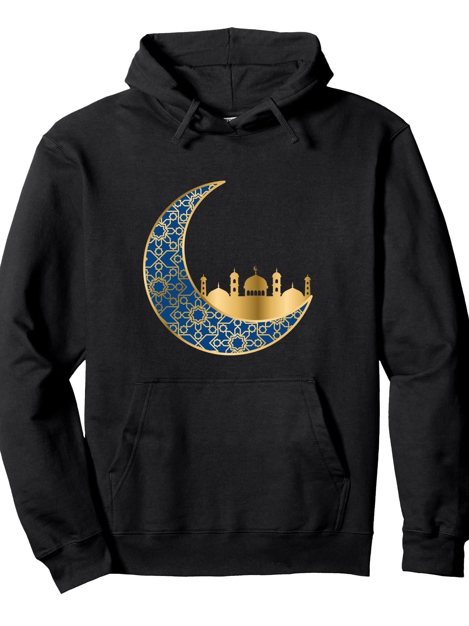 Gold Islamic Moon Ramadan Vector. Eid Mubarak Arabic Ramadan Pullover Hoodie Ramadan Black 250gsm Cotton Long Sleeve Men Casual Hoodie sports jersey product view 1