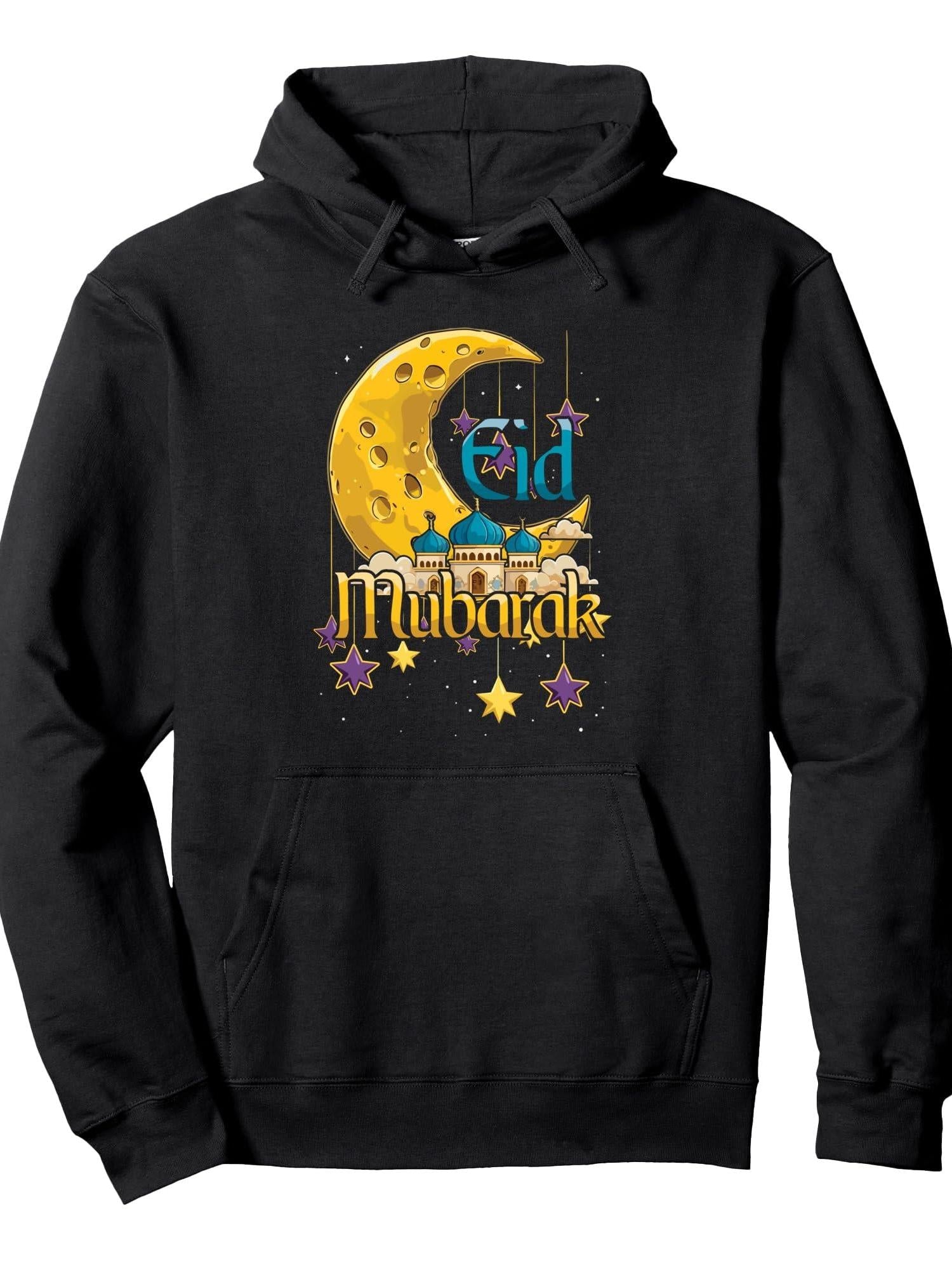 Eid Mubarak Happy Ramadan Muslim Islamic Pullover Hoodie Ramadan Black 250gsm Cotton Long Sleeve Men Casual Hoodie sports jersey product view 1