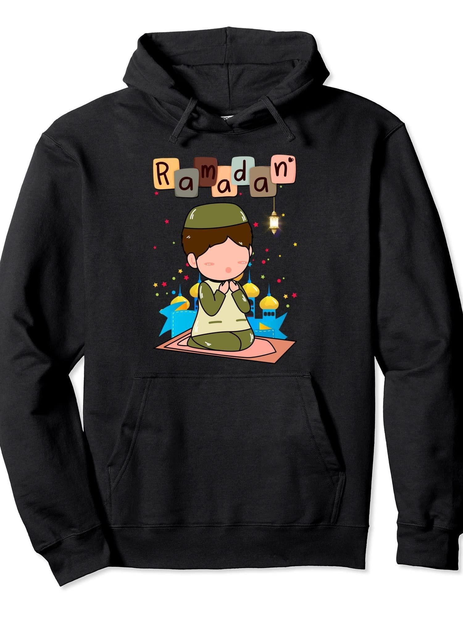 Ramadan Kids Funny Ramadan Kareem Mubarak Salat Mosque Pullover Hoodie Ramadan Black 250gsm Cotton Long Sleeve Men Casual Hoodie sports jersey product view 1
