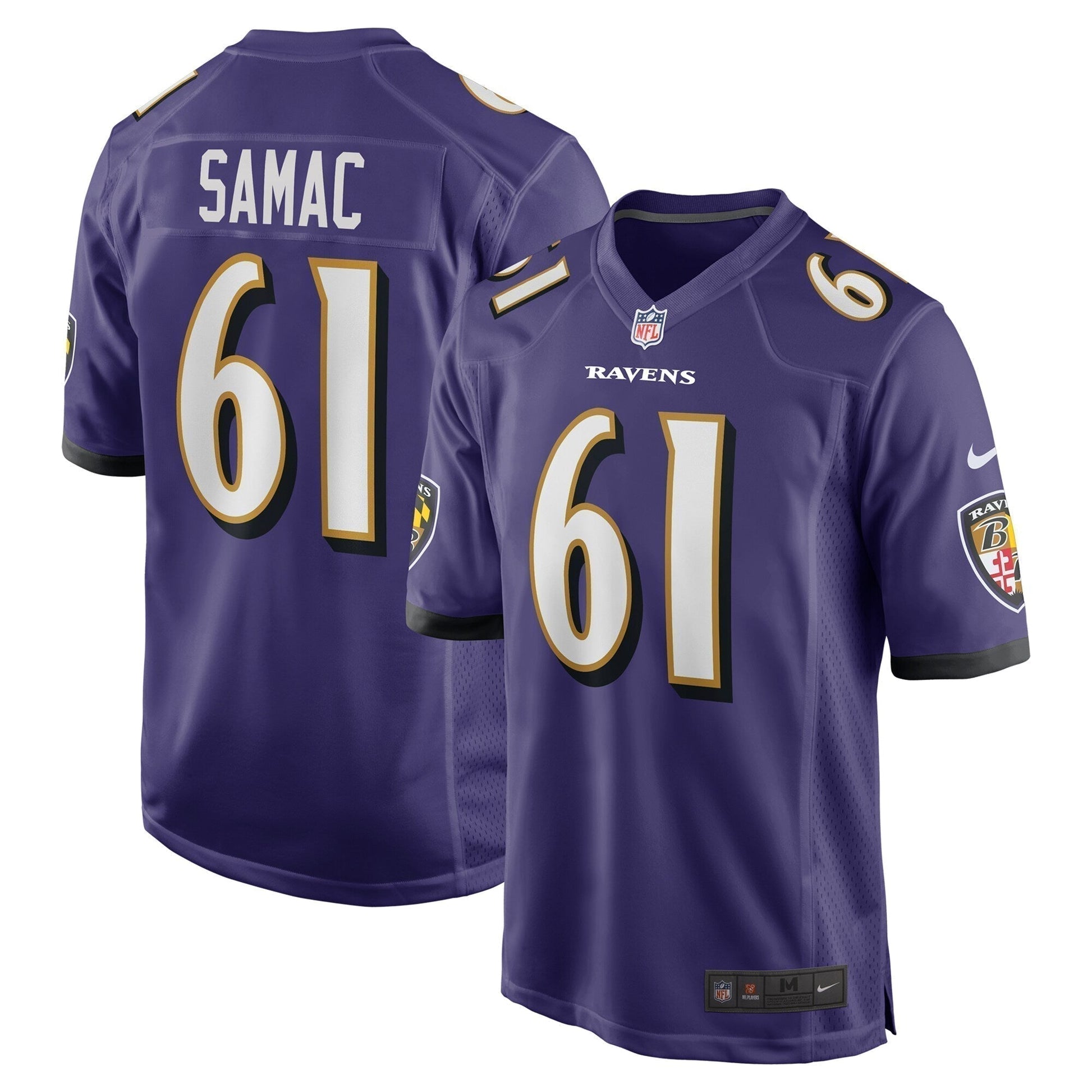 Nick Samac Baltimore Ravens Team Game Jersey - Purple football jersey product view 1