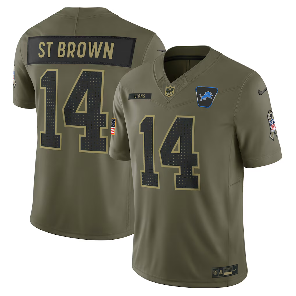 Men's Detroit Lions Amon-Ra St. Brown Olive 2025 Salute to Service Limited Jersey football jersey product view 1