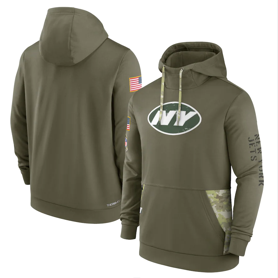 Men's New York Jets Olive 2022 Salute to Service Therma Performance Pullover Hoodie football jersey product view 1