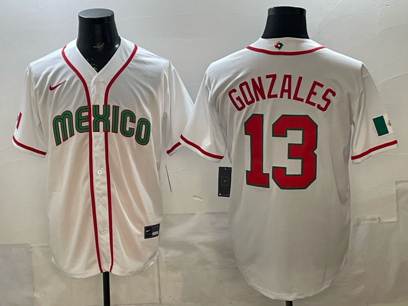 Men's Mexico Baseball Nick Gonzales #13 White 2026 World Baseball Classic Stadium Jersey baseball jersey product view 1