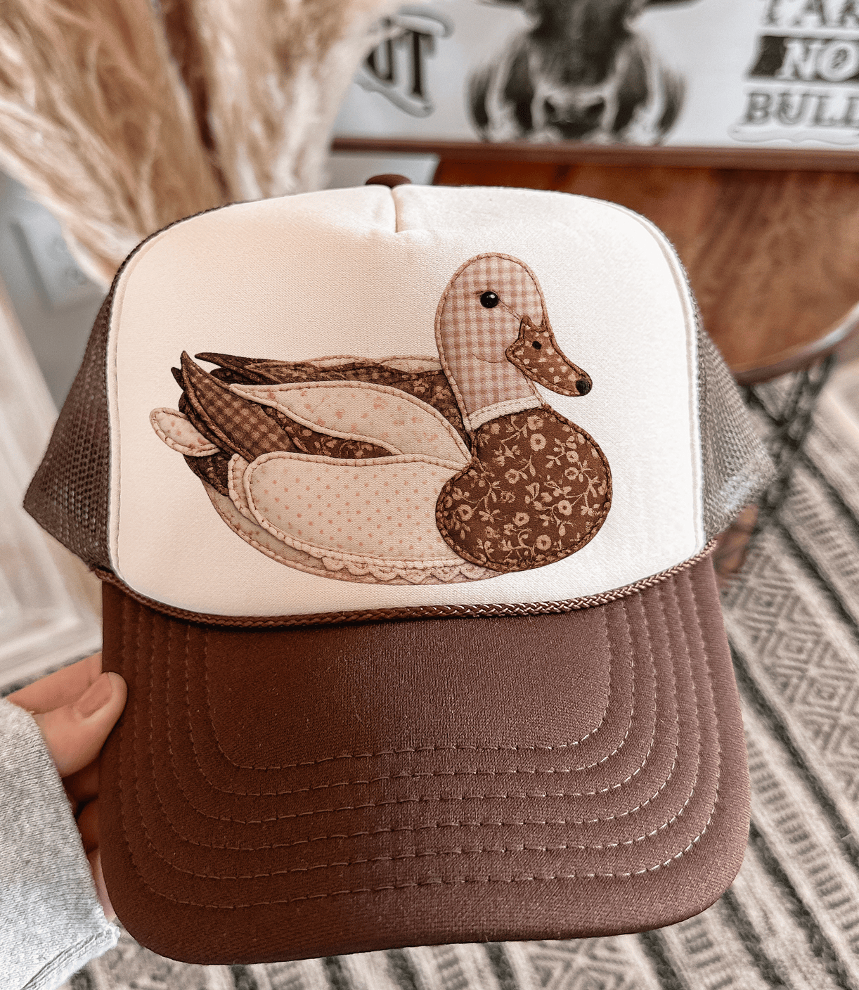 Mimis Vintage Faux Patchwork Brown Duck - Brown & Tan Otto Trucker Unisex T-shirt, Sweatshirt, Hoodie, Long Sleeve Tee - T-Shirt, Sweatshirt, Hoodie