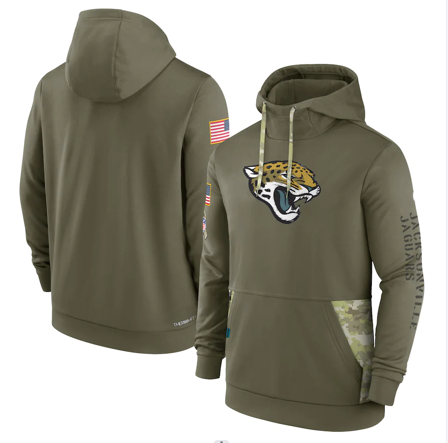 Men's Jacksonville Jaguars Olive 2022 Salute to Service Therma Performance Pullover Hoodie football jersey product view 1