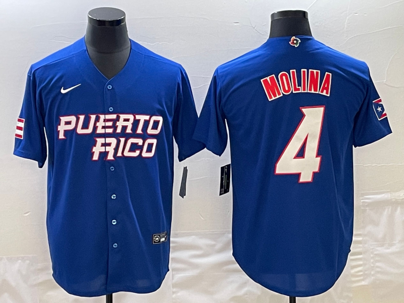 Men's 2023 World Baseball Classic Yadier Molina Puerto Rico Blue Jersey baseball jersey product view 1