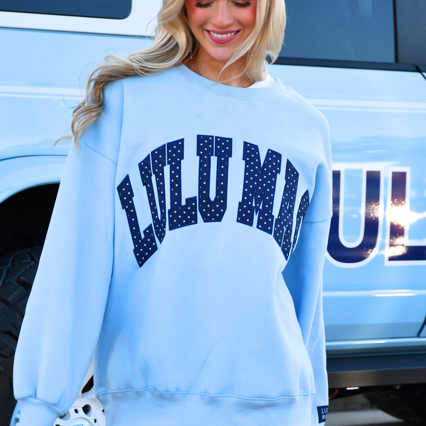 LM-SW-1008-PD Light Blue/Navy Polka Dot Sweatshirt Unisex T-shirt, Sweatshirt, Hoodie, Long Sleeve Tee - T-Shirt, Sweatshirt, Hoodie