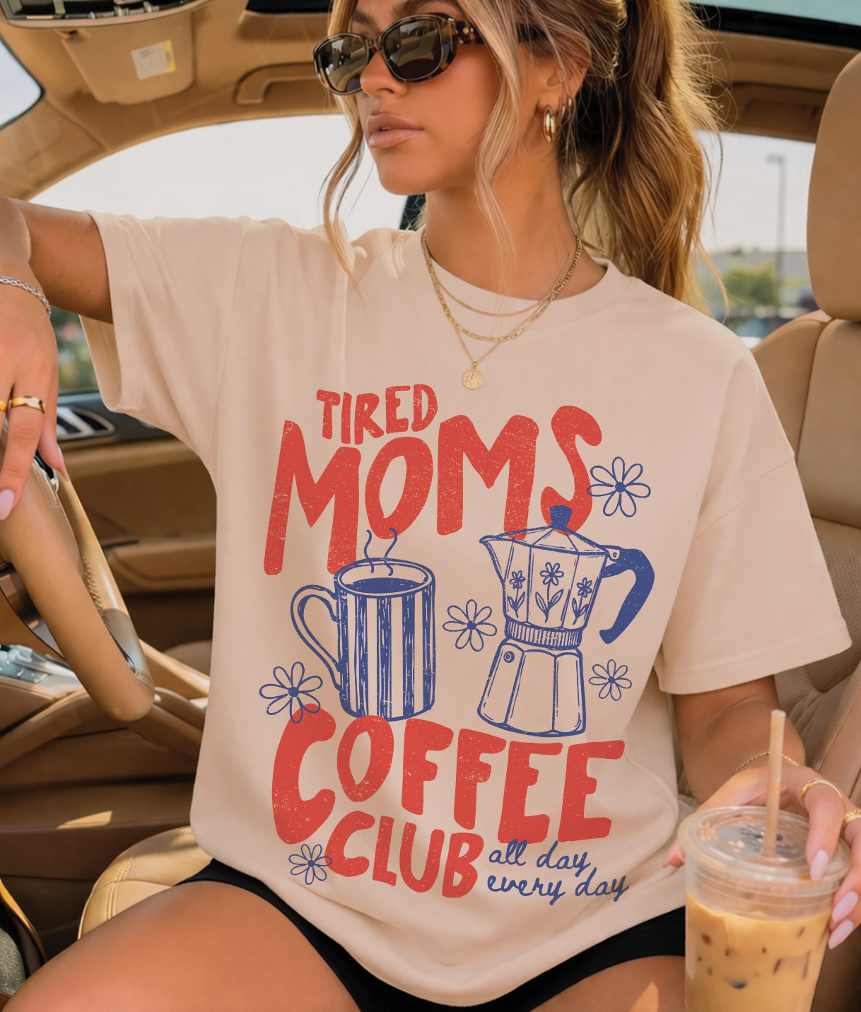Tired Moms Coffee Club Blue and Red - Cream Tee Unisex T-shirt, Sweatshirt, Hoodie, Long Sleeve Tee - T-Shirt, Sweatshirt, Hoodie