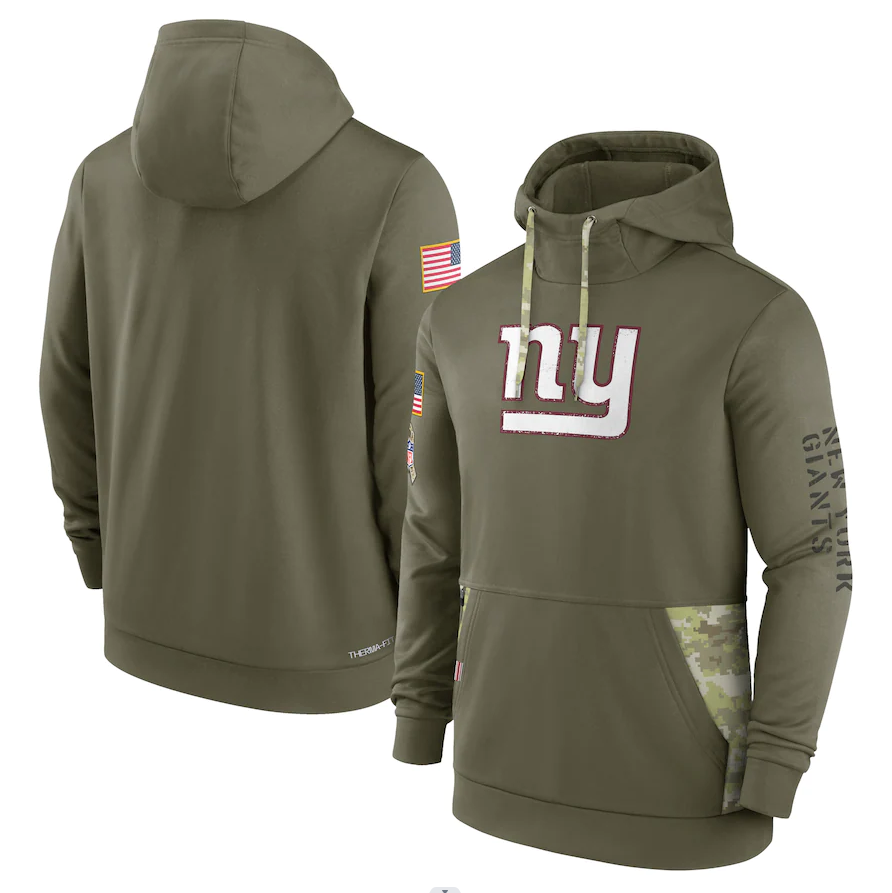 Men's New York Giants Olive 2022 Salute to Service Therma Performance Pullover Hoodie football jersey product view 1