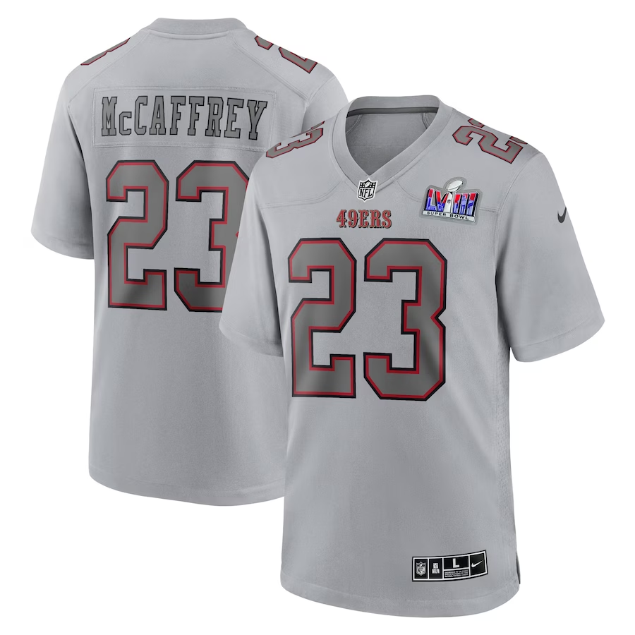 Men's San Francisco 49ers Christian McCaffrey Gray Super Bowl LVIII Atmosphere Fashion Game Jersey football jersey product view 1