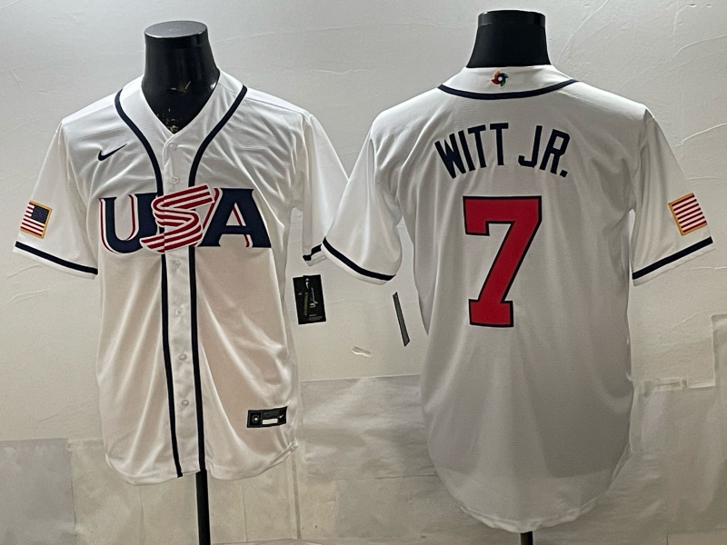 Men's USA Baseball Bobby Witt Jr. #7 White 2026 World Baseball Classic Stadium Jersey baseball jersey product view 1