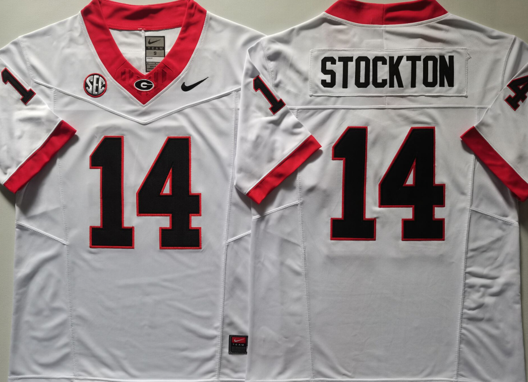 Men's Georgia Bulldogs Gunner Stockton #14 White Player Jersey sports jersey product view 1