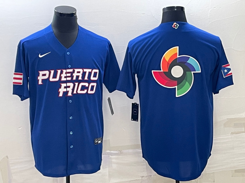 Men's 2023 World Baseball Classic Puerto Rico Blue Jersey baseball jersey product view 1