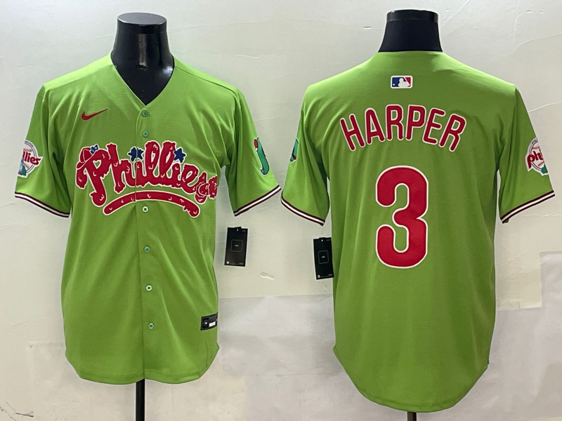Men's Philadelphia Phillies Bryce Harper #3 Green Game Jersey1 baseball jersey product view 1