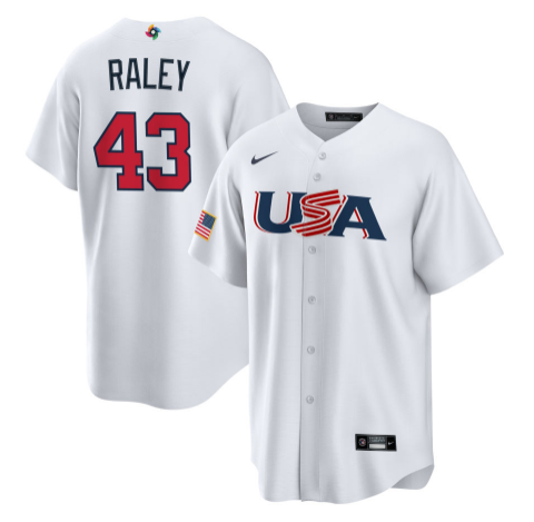 Men's 2023 World Baseball Classic Luke Raley USA White Jersey baseball jersey product view 1