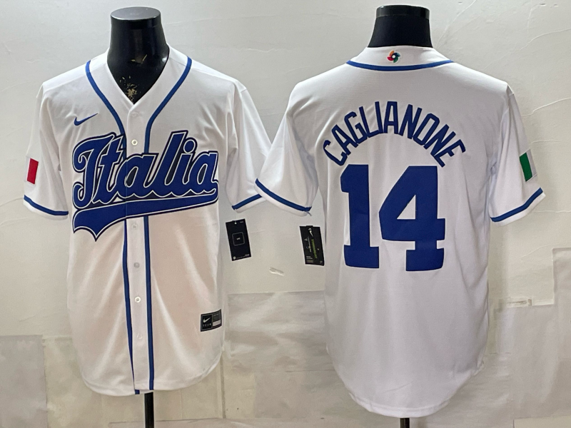 Men's Italy Baseball Jac Caglianone #14 White 2026 World Baseball Classic Stadium Jersey baseball jersey product view 1