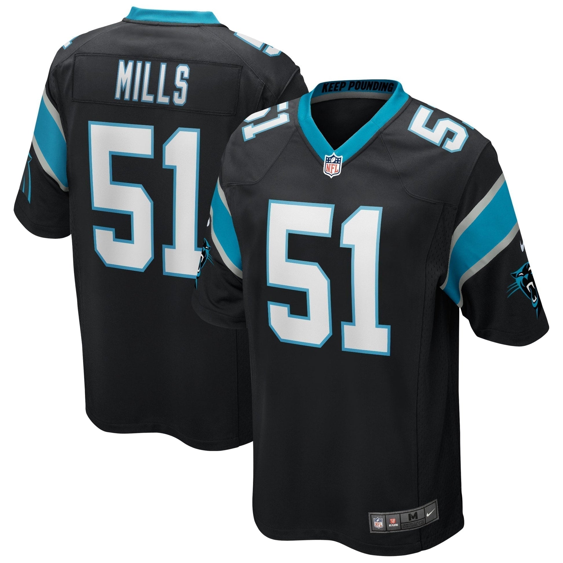 Sam Mills Carolina Panthers Game Retired Jersey - Black football jersey product view 1