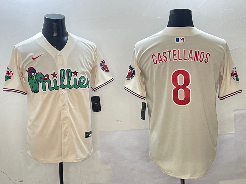 Men's Philadelphia Phillies Nick Castellanos #8 Cream Replica Player Jersey baseball jersey product view 1