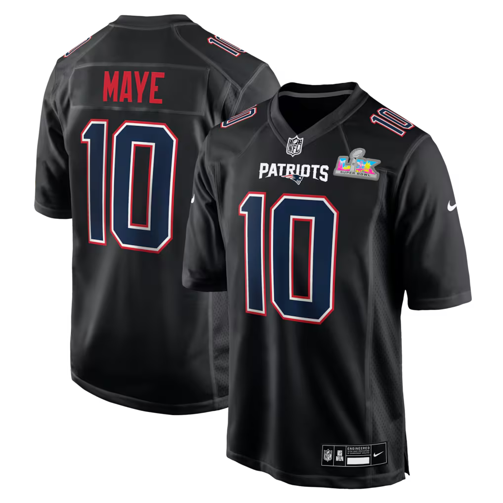 Men's New England Patriots Drake Maye Black Super Bowl LX Patch Carbon Fashion Game Jersey football jersey product view 1