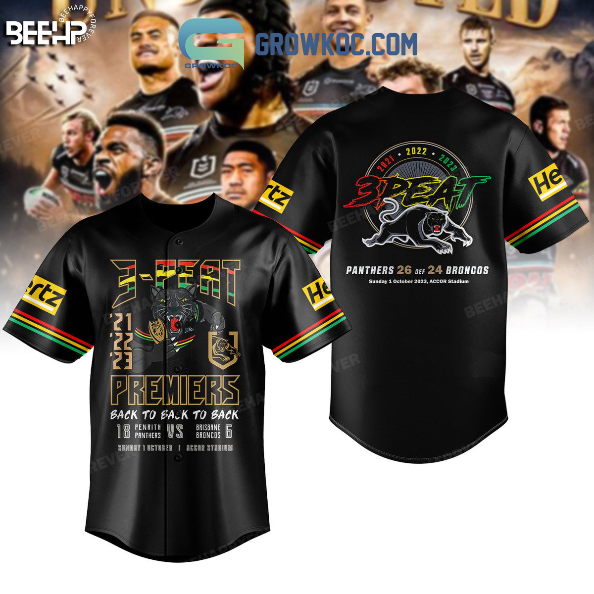 3 Peat Premiers Back To Back To Back Penrith Panther Baseball Jersey Unisex T-shirt, Sweatshirt, Hoodie, Long Sleeve Tee - T-Shirt, Sweatshirt, Hoodie