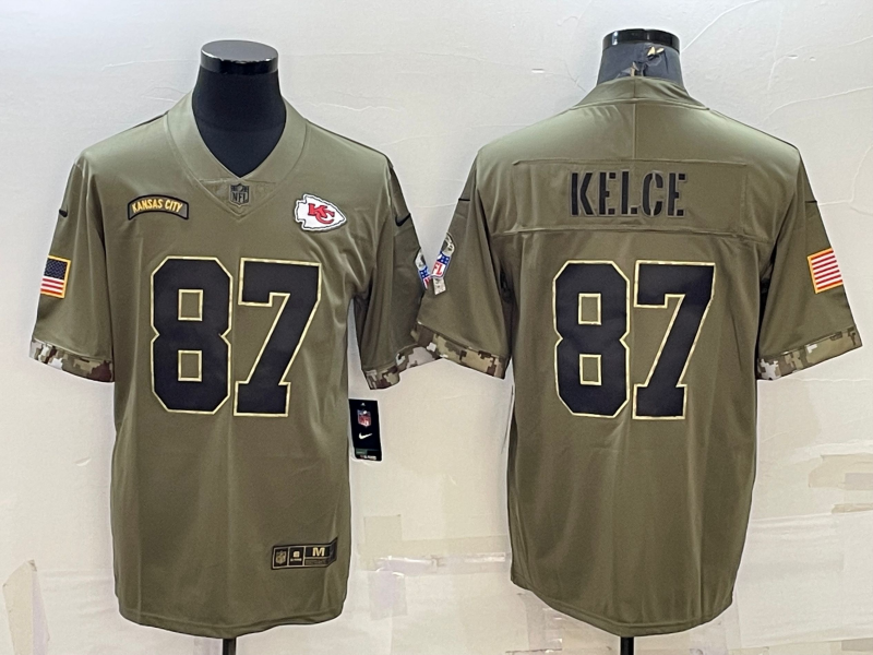 Men's Kansas City Chiefs Travis Kelce #87 Olive 2022 Salute To Service Limited Jersey1 football jersey product view 1