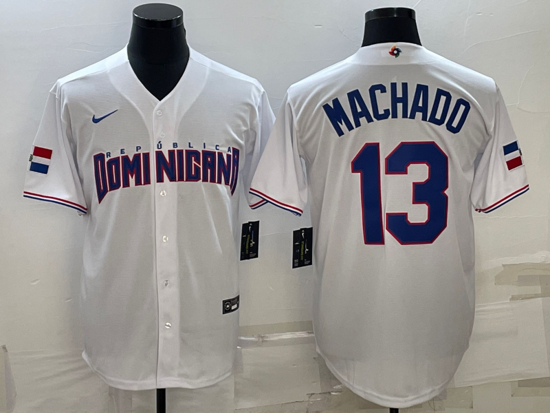 Men's 2023 World Baseball Classic Manny Machado Dominican Republic White Jersey baseball jersey product view 1