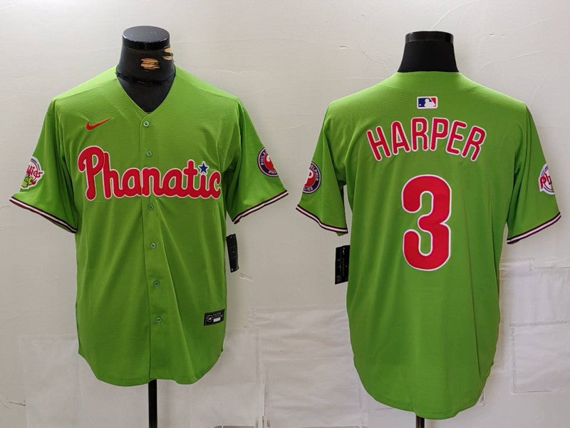 Men's Philadelphia Phillies Bryce Harper Green Replica Player Name Jersey baseball jersey product view 1