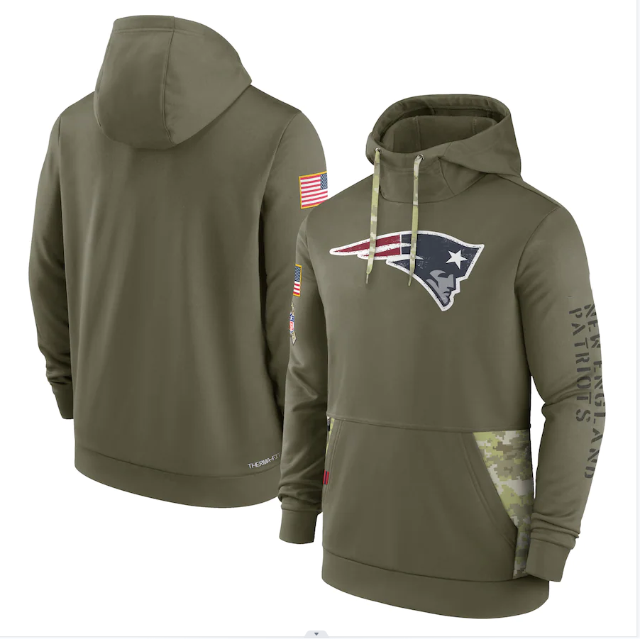 Men's New England Patriots Olive 2022 Salute to Service Therma Performance Pullover Hoodie football jersey product view 1