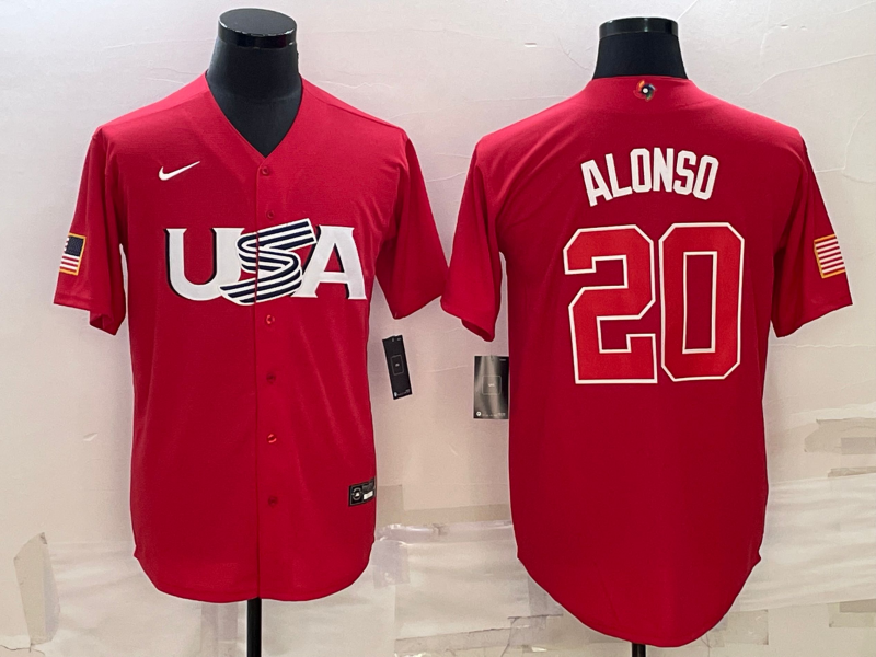 Men's 2023 World Baseball Classic Pete Alonso USA Red Jersey baseball jersey product view 1