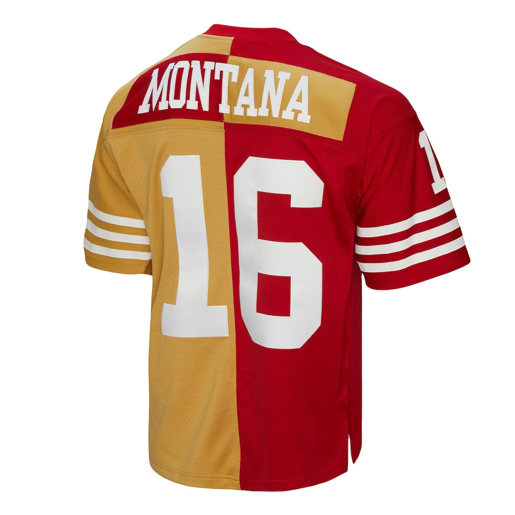 SF.49ers #16 Joe Montana Scarlet/Gold 1990 Split Legacy Replica Jersey football jersey product view 1