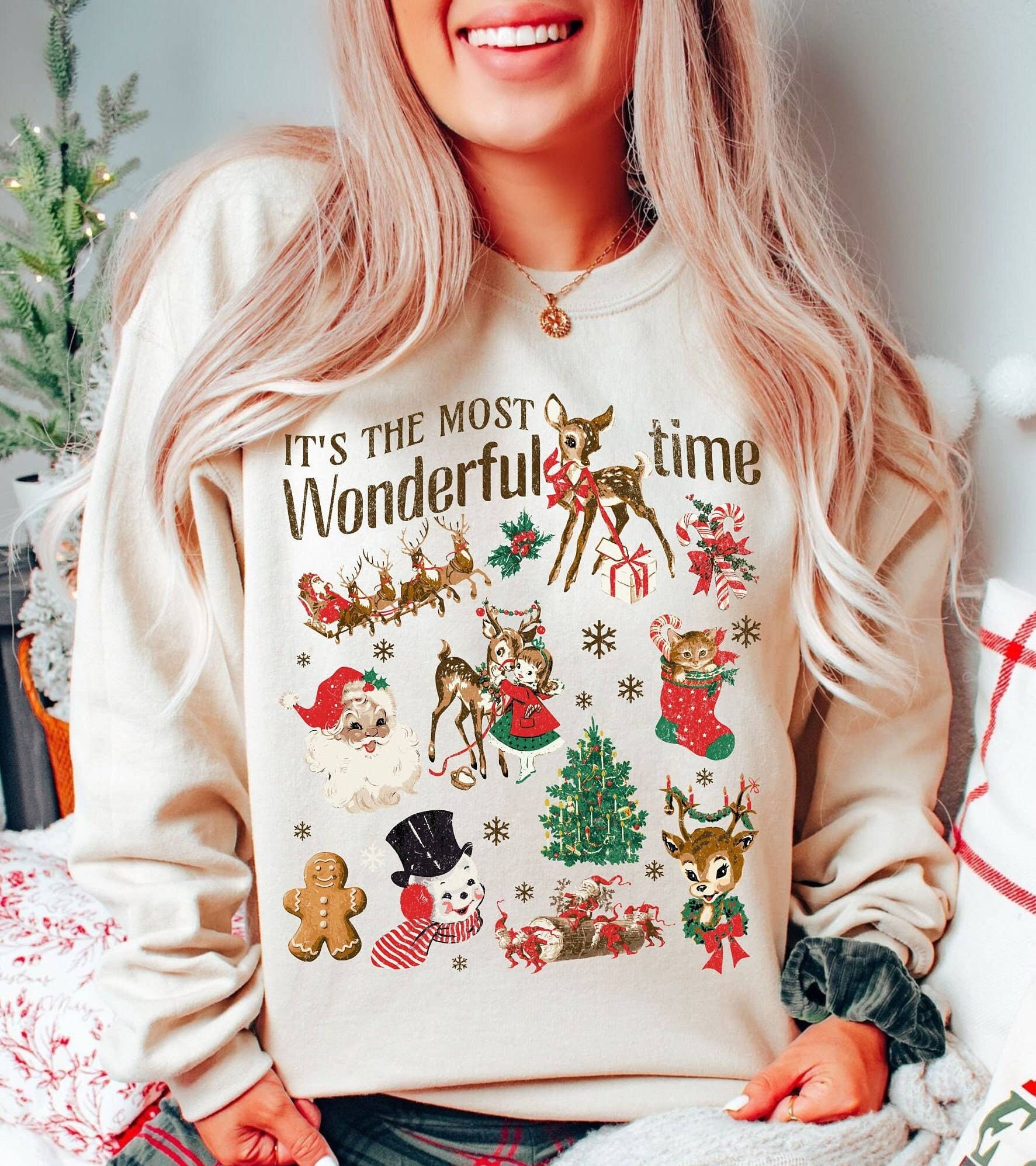 Vintage Christmas Doodles Sweatshirt, Retro Holiday Apparel Unisex T-shirt, Sweatshirt, Hoodie, Long Sleeve Tee - T-Shirt, Sweatshirt, Hoodie