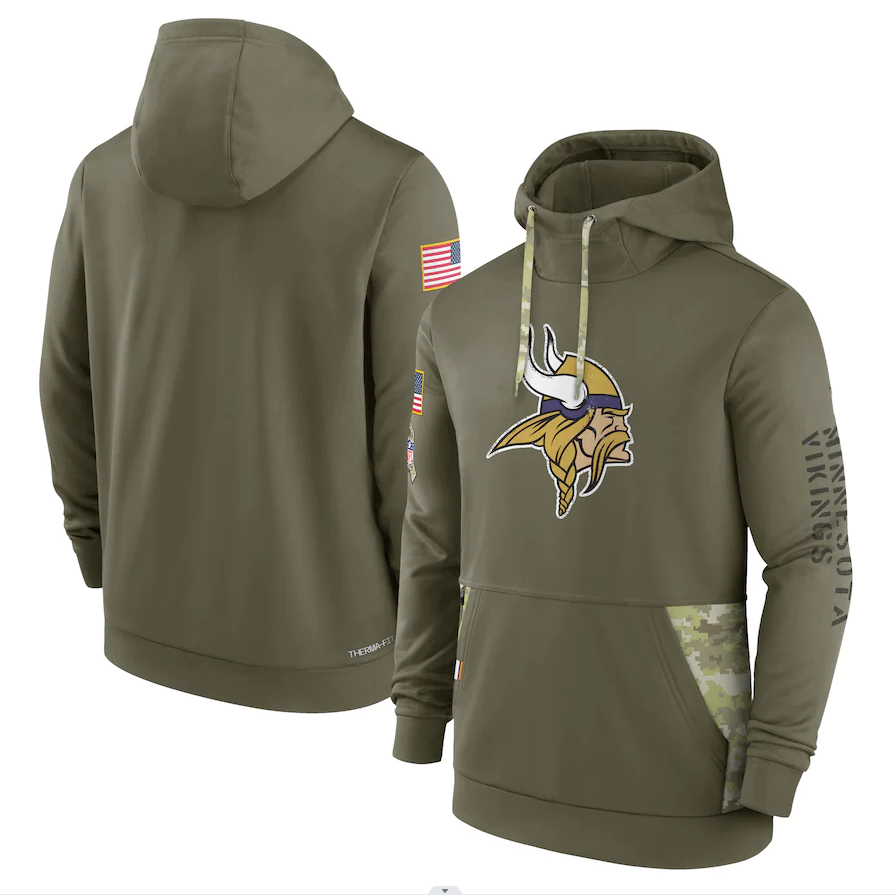 Men's Minnesota Vikings Olive 2022 Salute to Service Therma Performance Pullover Hoodie football jersey product view 1