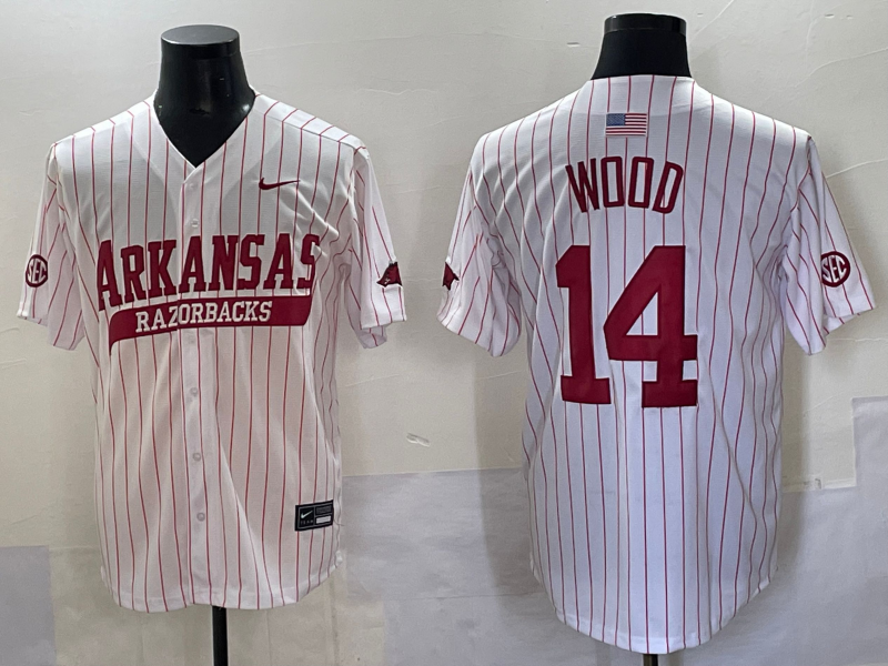 Men's Arkansas Razorbacks Gage Wood #14 White Replica Player Jersey sports jersey product view 1