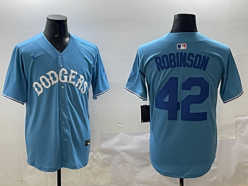 Men's Los Angeles Dodgers Jackie Robinson Light Blue Replica Player Jersey baseball jersey product view 1