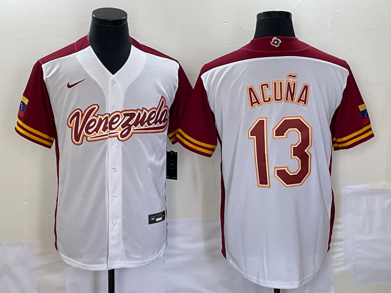 Men's 2023 World Baseball Classic Ronald Acu?a Jr. Venezuela White Jersey baseball jersey product view 1