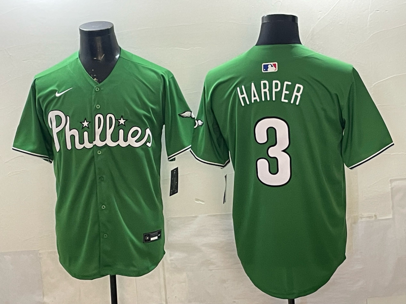 Men's Philadelphia Phillies Bryce Harper #3 Green Game Player Jersey baseball jersey product view 1