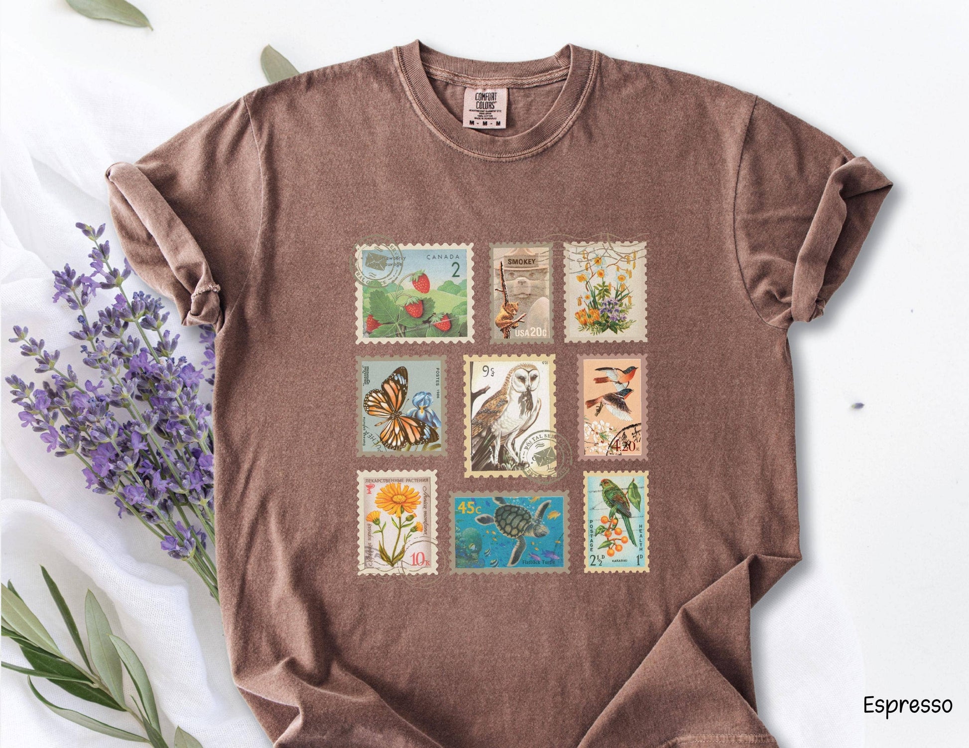 Vintage Stamp Collage Wildlife & Botanical Tee Unisex T-shirt, Sweatshirt, Hoodie, Long Sleeve Tee - T-Shirt, Sweatshirt, Hoodie