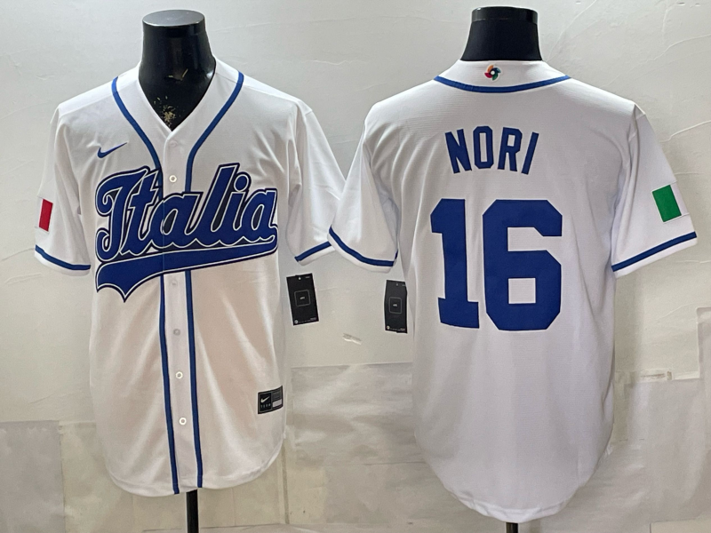 Men's Italy Baseball Nino Nori #16 White 2026 World Baseball Classic Stadium Jersey baseball jersey product view 1