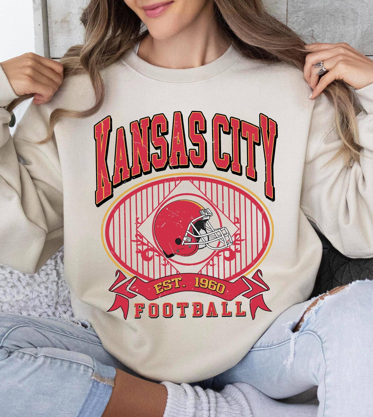 Vintage Kansas City Football 90s Style Crewneck Sweatshirt Unisex T-shirt, Sweatshirt, Hoodie, Long Sleeve Tee - T-Shirt, Sweatshirt, Hoodie