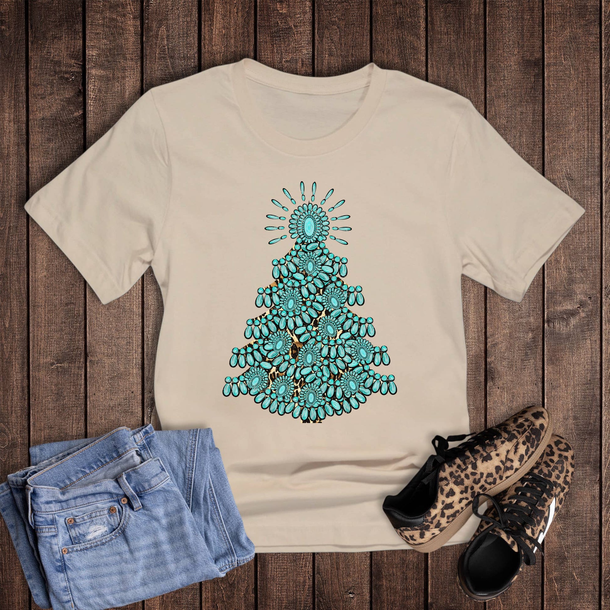 Christmas Western Turquoise Tree with Cheetah Graphic Tee Unisex T-shirt, Sweatshirt, Hoodie, Long Sleeve Tee - T-Shirt, Sweatshirt, Hoodie