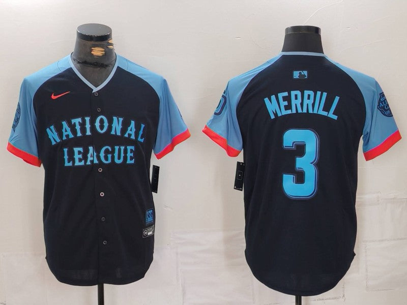 Men's National League Jackson Merrill Navy 2024 MLB All-Star Game Limited Player Jersey baseball jersey product view 1